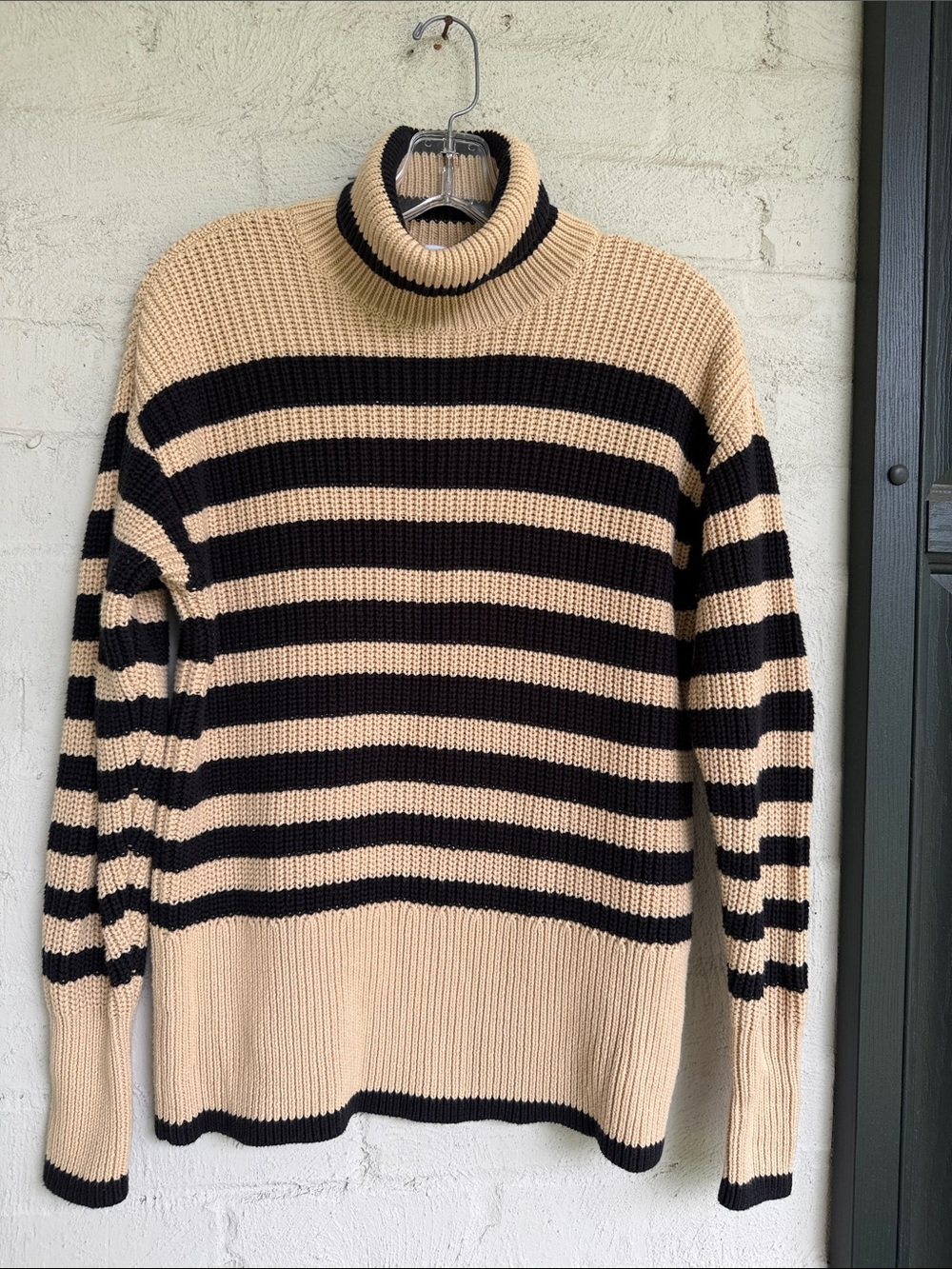 CAbi Polo Turtleneck Sweater Camel/Black Striped Chunky Ribbed Knit Size Small - Picture 4 of 11
